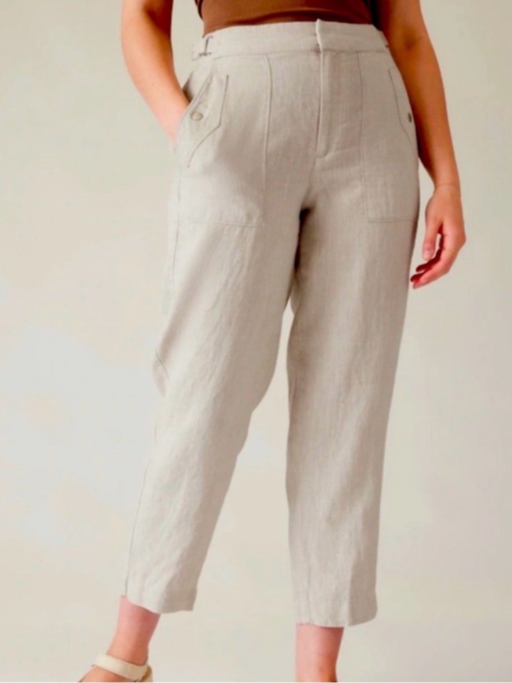 Athleta Voyager Linen Trouser in Natural Beige Functional Button Tab Waist 6P